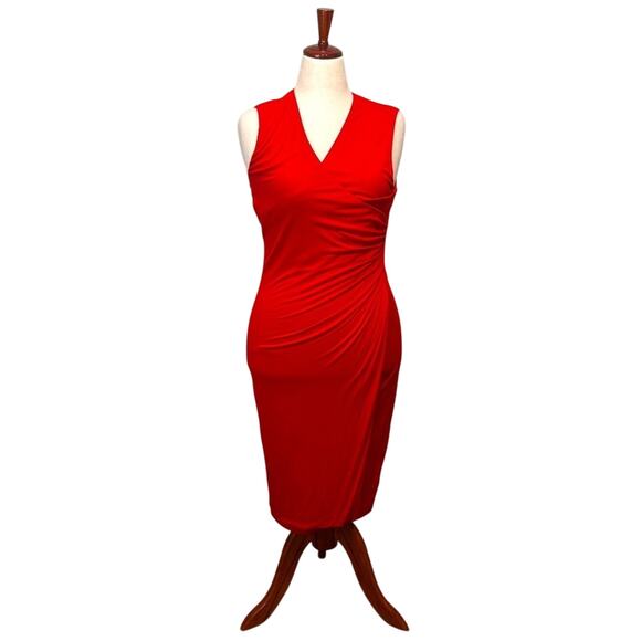 Lauren Ralph Lauren dress red knit sleeveless faux wrap midi length bodycon Sz M - Picture 1 of 7